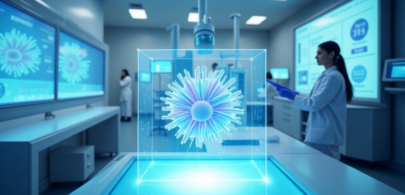 Wizualizacja molekularnej struktury składników terapii ClIPd w nowoczesnym laboratorium medycznym z holograficznymi wyświetlaczami