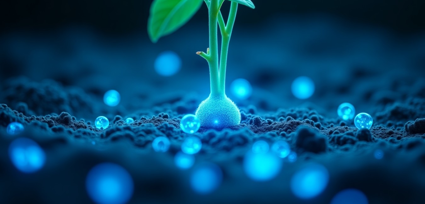 Mikroskopowe ujęcie strefy korzeniowej fasoli z widocznymi koloniami bakterii, ukazujące interakcje między systemem korzeniowym a mikroorganizmami.